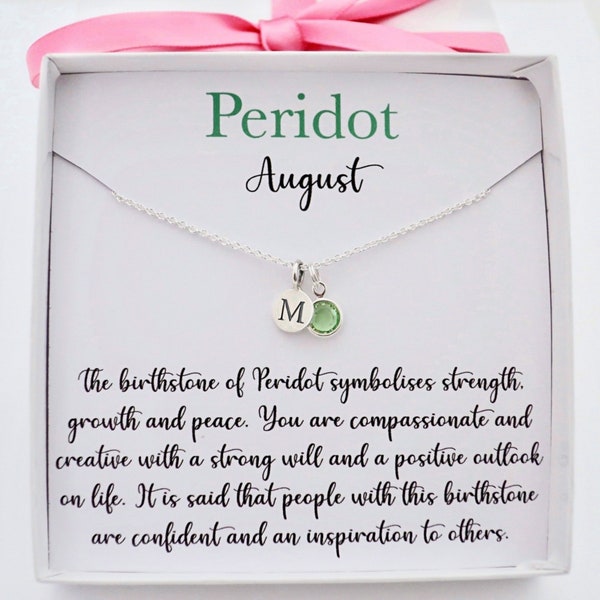 August birthstone necklace sterling silver, personalised initial peridot leo virgo necklace, peridot birthstone August birthday jewelry gift