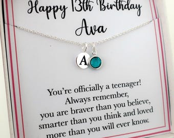 13th birthday gift girl for her daughter, 13th 13 birthday necklace jewellery, 925 Sterling Silver, personalised initial birthstone necklace