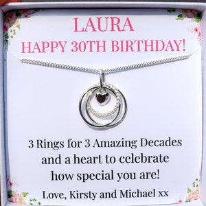 Collier cadeau 30e anniversaire pour elle, 3 bagues pour 30 ans, idée cadeau personnalisée 30e pour femme, fille, meilleure amie, argent sterling
