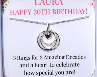 30th Birthday necklace gift for her, 3 rings for 3 decades, Personalised 30th gift idea for best friend daughter women, Sterling Silver