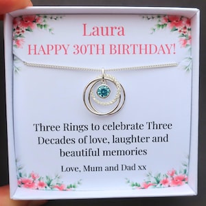 Collier cadeau 30e anniversaire pour elle, 3 bagues pour 30 ans, Idée cadeau 30e pierre de naissance personnalisée pour femme meilleure amie, argent sterling