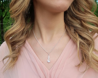 Sterling silver cubic zirconia cz crystal drop necklace, delicate bridal wedding necklace jewelry, diamond solitaire infinity necklace