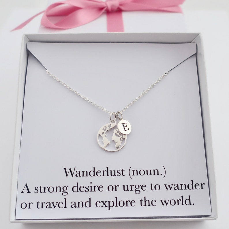 Wanderlust necklace jewelry gift, personalised world map initial necklace, adventure travel necklace jewelry gift for friend globe necklace image 1