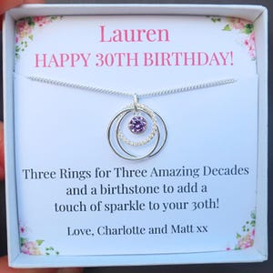 Collier cadeau 30e anniversaire pour elle, 3 bagues pour 30 ans, Idée cadeau 30e pierre de naissance personnalisée pour femme meilleure amie, argent sterling