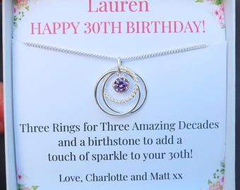 30th Birthday necklace gift for her, 3 rings for 3 decades, Personalised birthstone 30th gift idea for best friend women, Sterling Silver
