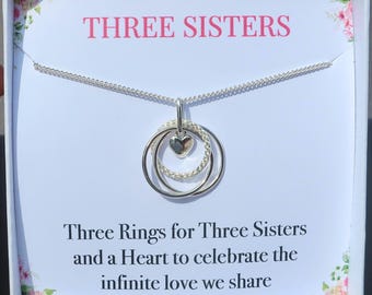 Drei Schwestern Halskette, drei Schwestern Schmuck, Geschenk, drei Ringe für drei Schwestern, 3 Schwestern Charm Halskette Geschenk, 3 Ringe aus Sterling Silber