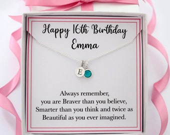 16th birthday necklace, 16th birthday gift girl for her daughter, sweet sixteen 16 16th jewelry gift, birthstone & initial necklace silver