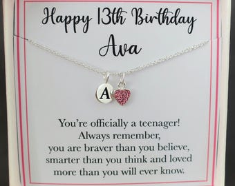 13th birthday gift girl for her daughter, 13th 13 birthday necklace jewellery, 925 Sterling Silver, personalised initial heart necklace