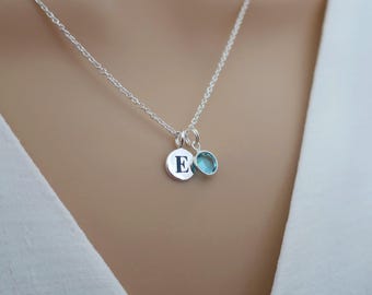 Aquamarine necklace jewelry, March birthstone necklace sterling silver, personalised initial necklace, march birthday jewelry gift
