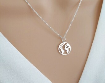 World Map Necklace Sterling Silver, Personalised Initial Globe