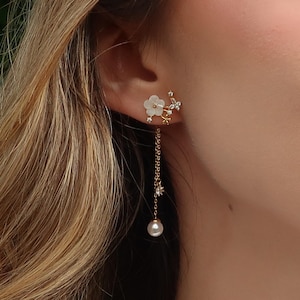 Pearl Flower Dangle Earrings, Pearl Drop Dangly Floral Earrings Gold 925 Sterling Silver,Wedding Bridal Earrings Jewelry,Bridesmaid Earrings