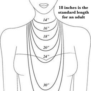 May include: A line drawing of a person's torso showing different necklace lengths in inches, from 14 inches to 33 inches. The text "18 inches is the standard length for an adult" is included in the image.