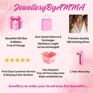 May include: A pink and white gift box with a pink ribbon, a pink shopping bag, a silver necklace, a pink box with a lid open, a pink number one balloon, and the text "Jewellery By AMMA".