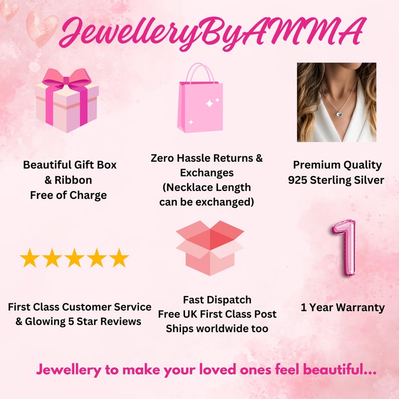 May include: A pink and white gift box with a pink ribbon, a pink shopping bag, a silver necklace, a pink box with a lid open, a pink number one balloon, and the text "Jewellery By AMMA".