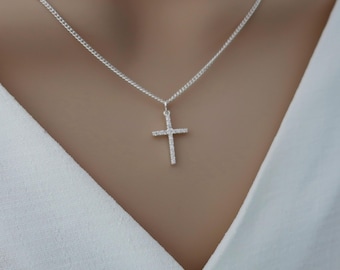 Sterling silver cross necklace women, silver cross pendant necklace jewelry, cz crystal, 925 small ladies cross chain,religious baptism gift