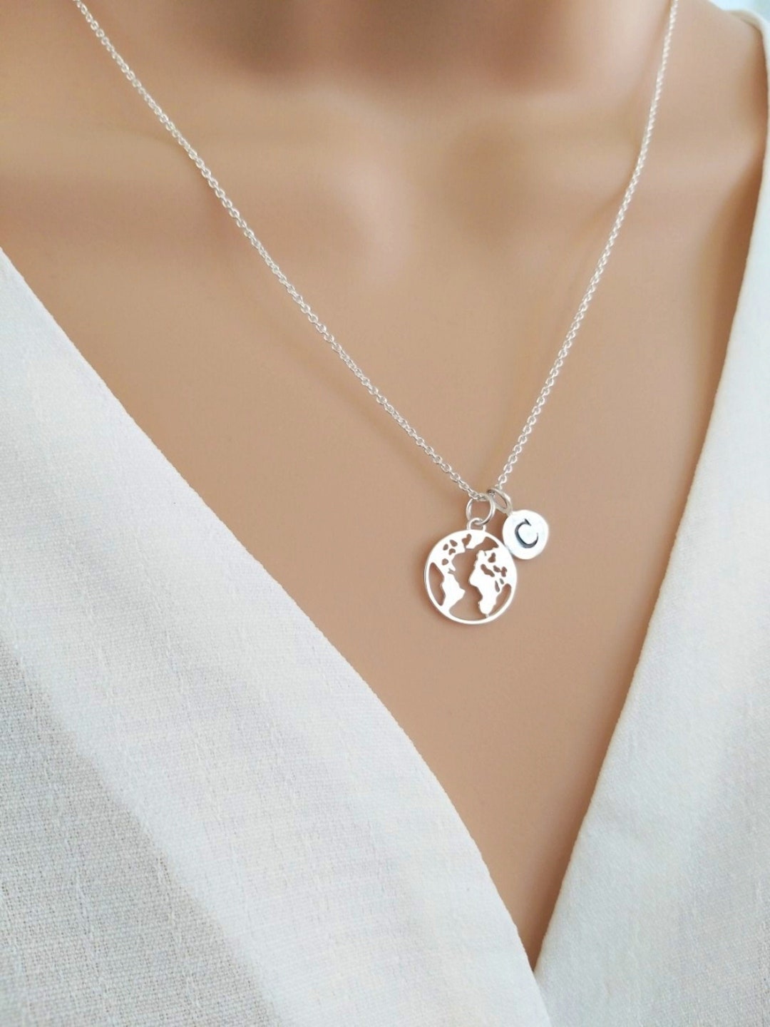 World Map Necklace Sterling Silver, Personalised Initial Globe