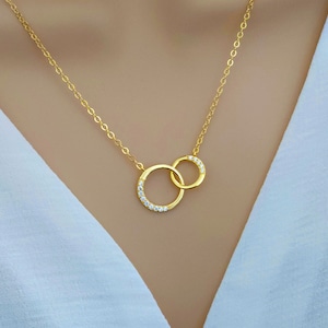 Interlocking circle rings necklace, double circle necklace, best friend friendship necklace, infinity forever eternity necklace gold,2 rings