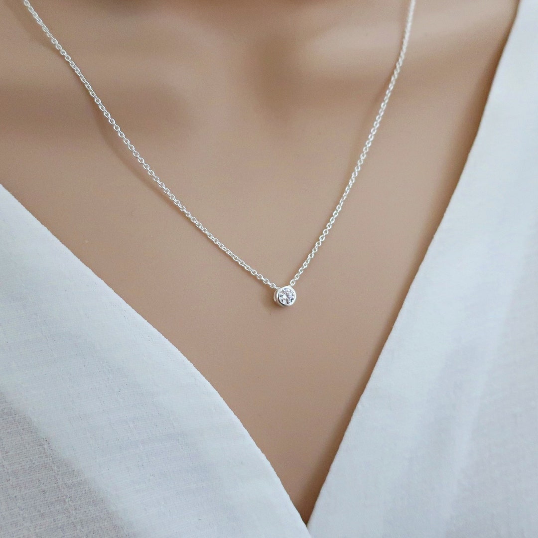 Tiny Cz Diamond Necklace Floating Diamond Solitaire Crystal Necklace
