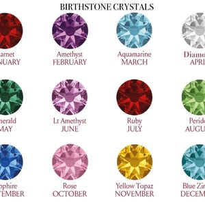 May include: A chart titled BIRTHSTONE CRYSTALS displaying twelve circular faceted gemstones in various colors, each labeled with its name and corresponding month, including Garnet, Amethyst, Aquamarine, Diamond, Emerald, Lt Amethyst, Ruby, Peridot, Sapphire, Rose, Yellow Topaz, and Blue Zircon.