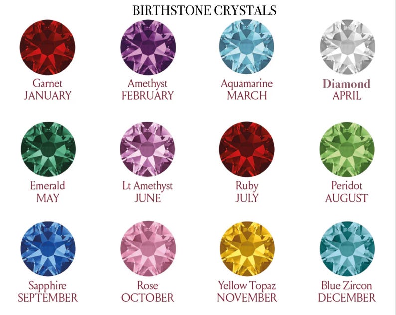 May include: A chart titled BIRTHSTONE CRYSTALS displaying twelve circular faceted gemstones in various colors, each labeled with its name and corresponding month, including Garnet, Amethyst, Aquamarine, Diamond, Emerald, Lt Amethyst, Ruby, Peridot, Sapphire, Rose, Yellow Topaz, and Blue Zircon.