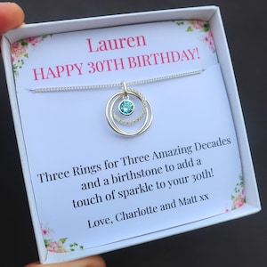 Collier cadeau 30e anniversaire pour elle, 3 bagues pour 30 ans, idée cadeau personnalisée 30e pour femme, fille, meilleure amie, argent sterling