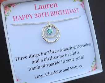 30th Birthday necklace gift for her, 3 rings for 3 decades, Personalised 30th gift idea for best friend daughter women, Sterling Silver