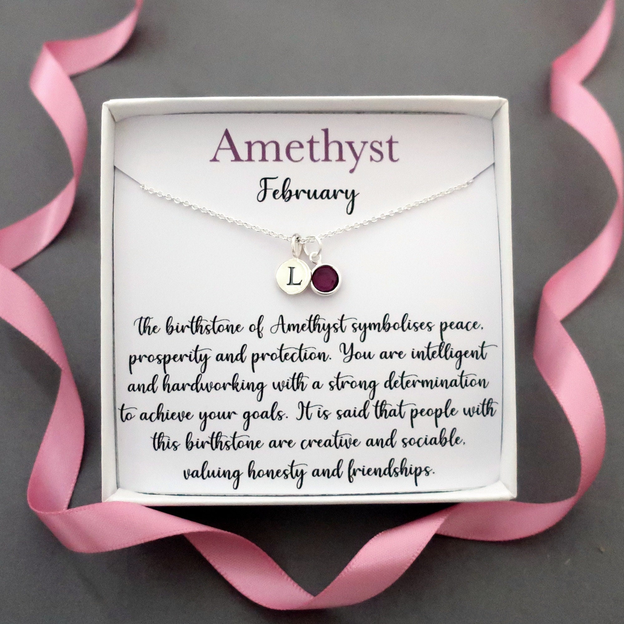 February birthstone necklace sterling silver, initial amethyst Aquarius pisces necklace, amethyst birthstone February jewelry birthday gift