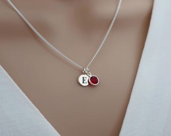 Garnet necklace jewelry, January birthstone necklace sterling silver, personalised initial & garnet necklace, January birthday jewelry gift