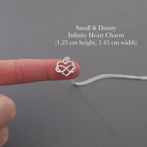 May include: A silver infinity heart charm pendant on a silver chain. The charm is 1.25 inches tall and 1.45 inches wide.