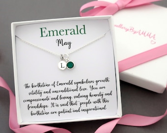 May birthstone necklace sterling silver, personalized initial emerald taurus gemini necklace, emerald birthstone May birthday jewelry gift