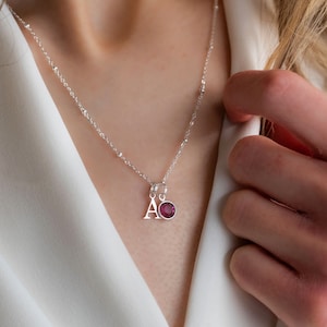 Birthstone necklace jewelry sterling silver, birthstone and initial necklace for women mum, personalised necklace jewellery, letter necklace