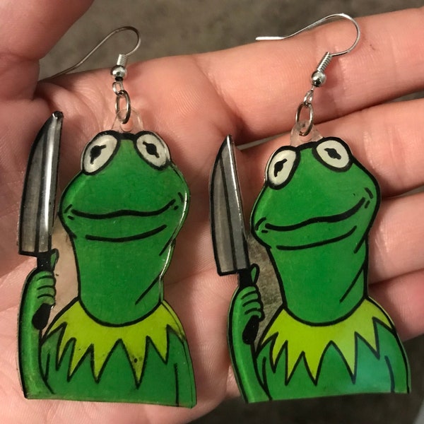 Chaotic Kermit with a knife (Dangles, Studs, Pin, Magnet, or Keychain)