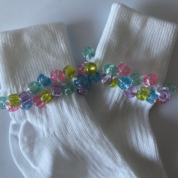 Girls beaded socks, Handmade, Crochet, Pony beads, made to match, school, white socks, toddler, girls, fancy, holidays, fold over socks