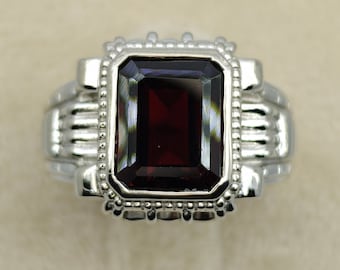Men’s Natural Garnet Ring 9X11 mm Emerald Cut, Solid 925 Sterling Silver Statement Ring, January Birthstone, Elegant Garnet Jewelry Gift.
