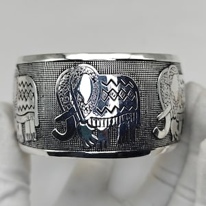 Hand-Engraved Elephant Bangle in 925 Sterling Silver · Thick Heavyweight Cuff · 35mm Wide Tribal Design · Elephant Bangle Gift for Her.