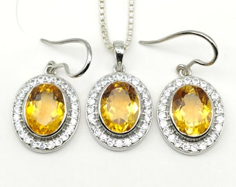 Ciondolo e orecchini in citrino naturale con argento 925, set di collane per donna, gioielli in argento, orecchini in argento.