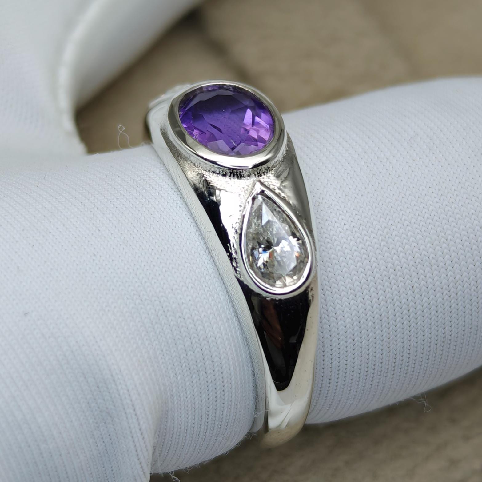 Natural Amethyst 925 Sterling Silver Ring With CZ Accent, 7x5 Mm