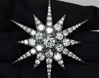 Celestial Starburst White CZ Brooch Pendant – Solid 925 Sterling Silver | Black Rhodium Plated Luxury Statement Jewelry For Gift.