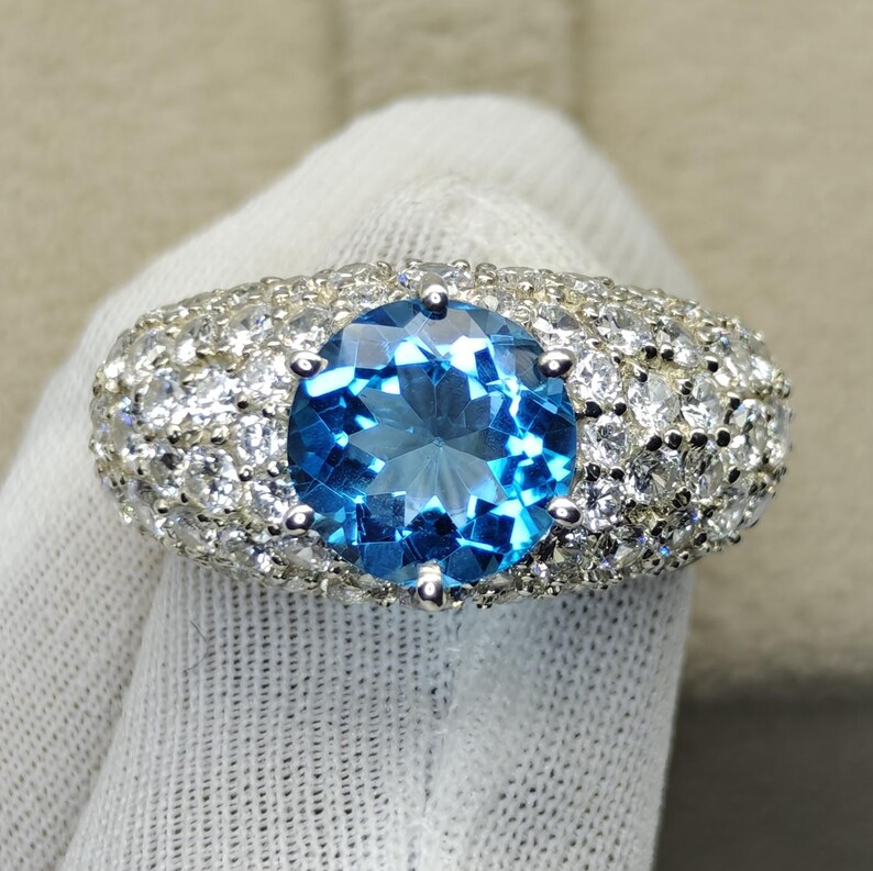 Topaz 321 Swiss Blue Topaz Ring 925 Sterling Silver, 10mm Round Faceted Blue ...