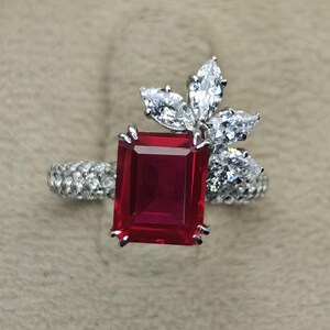 Luxury Ruby Engagement Ring, Emerald Cut Lab Grown Ruby Ring, 925 Sterling Silver Floral Ring, White Gold Rhodium Plated Ring Gift.