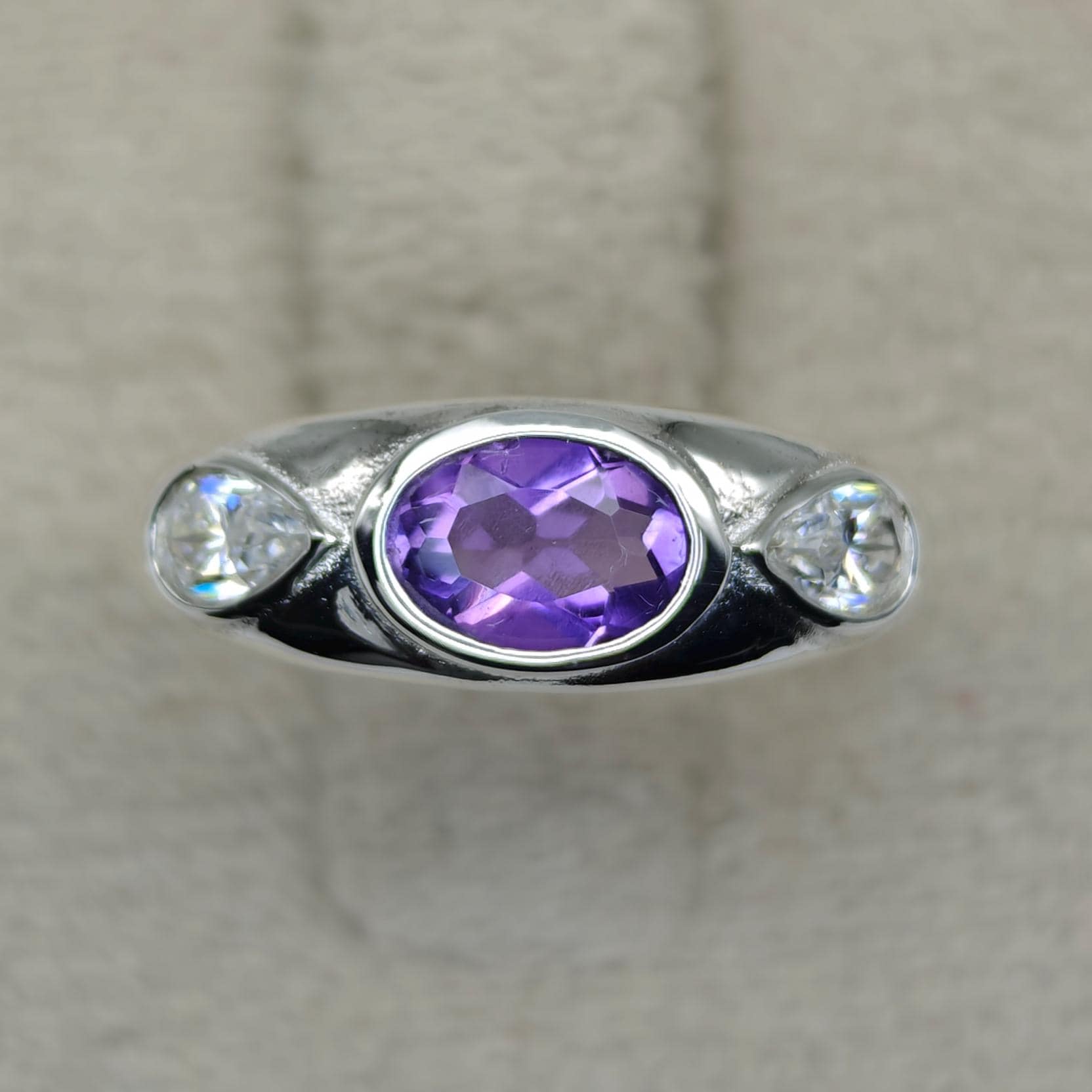 Natural Amethyst 925 Sterling Silver Ring With CZ Accent, 7x5 Mm