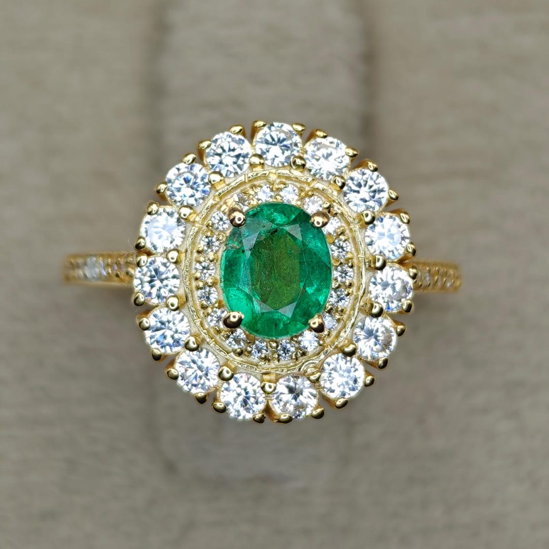 manayaタンザニア産 天然タンザナイト ザンビア産 エメラルド指輪 天然ザンビア産エメラルド ハロー リング、18K イエロー ゴールド