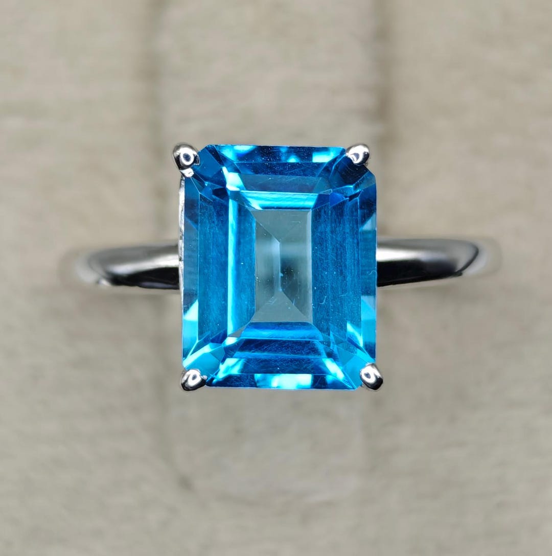 Real Blue Topaz Rings Natural Swiss Blue Topaz Ring | 8x10 Mm Emerald Cut Gemstone in Solid ...