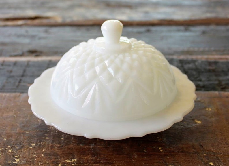 White Milk Glass Round Covered Butter Dish Vintage Anchor Etsy