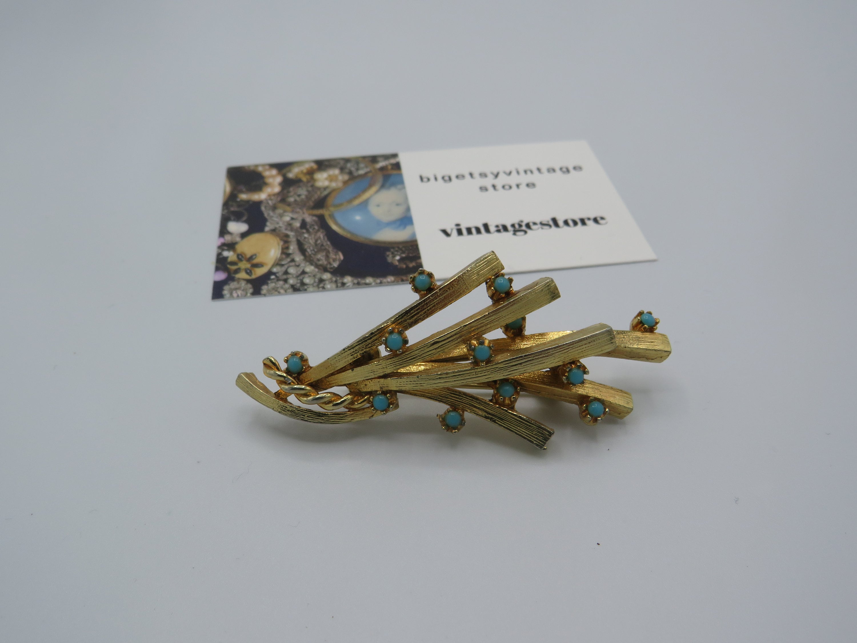 Broche Vintage En Métal Doré Et Turquoise - Ciselée, Occasion Bon état