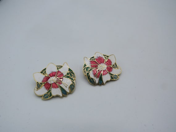 Boucles D'oreilles Clips Vintage En Or émaillé Multicolore Avec Perles - Bijou Rétro - Occasion