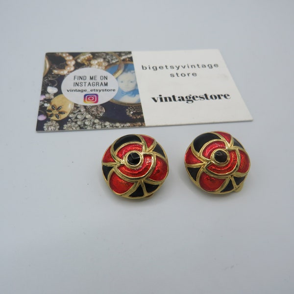 gorgeous vintage gold tone clip on statement earrings, vibrant, eye catching, lovely enamel detailing, great condition, 2.2cm diameter