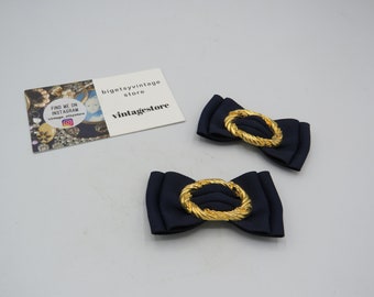 lovely vintage navy blue ribboned shoe clips with a gold tone ornate buckle, beautiful pair, lovely condition, 7cm in length