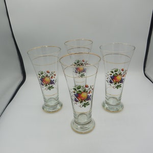 stunning set of 4 tall drinking glasses, stunning gold plated detailing on the base, rim and in-between, gorgeous fruit and leaf design.....