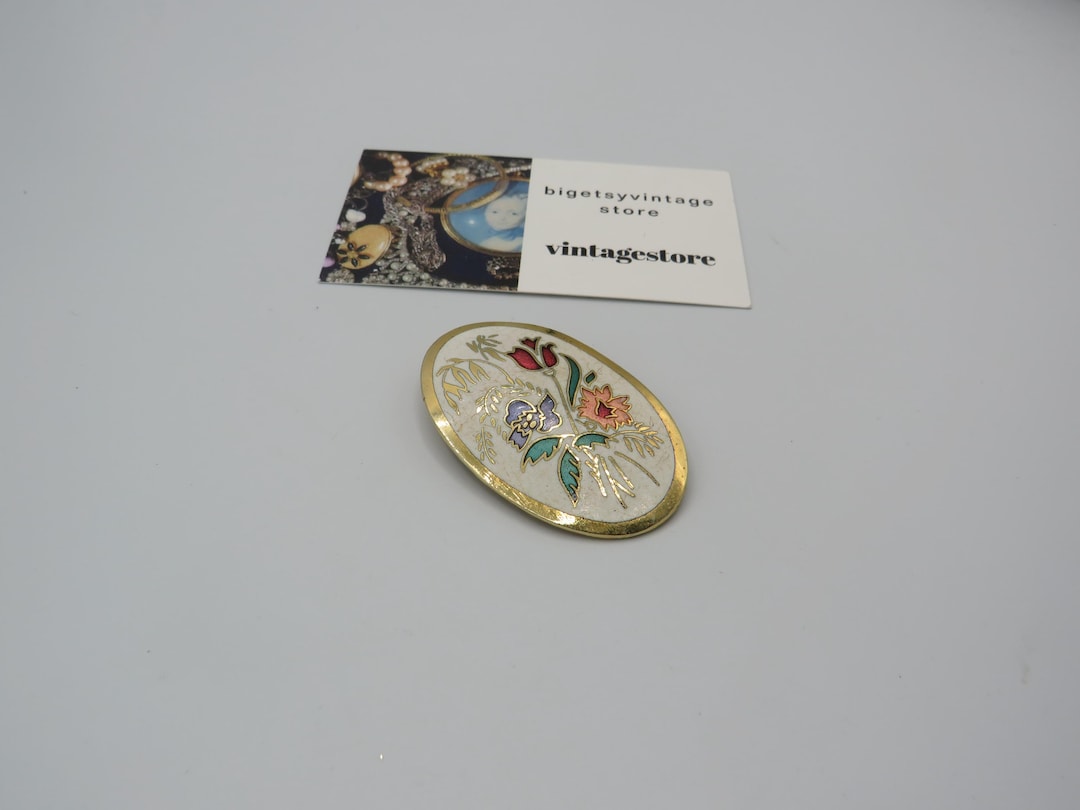 Broche Vintage Fleurs émail Cloisonné Couleur Or - Bijou Ancien - Occasion En Parfait état